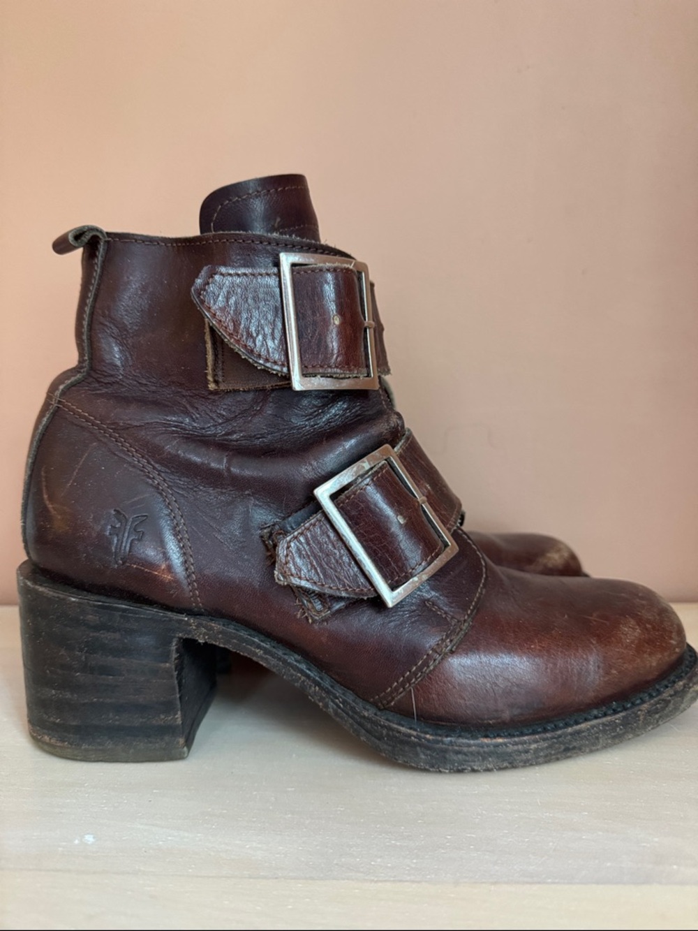 Vintage Frye - Leather moto/engineer ankle boots - Double-Buckle with Heel